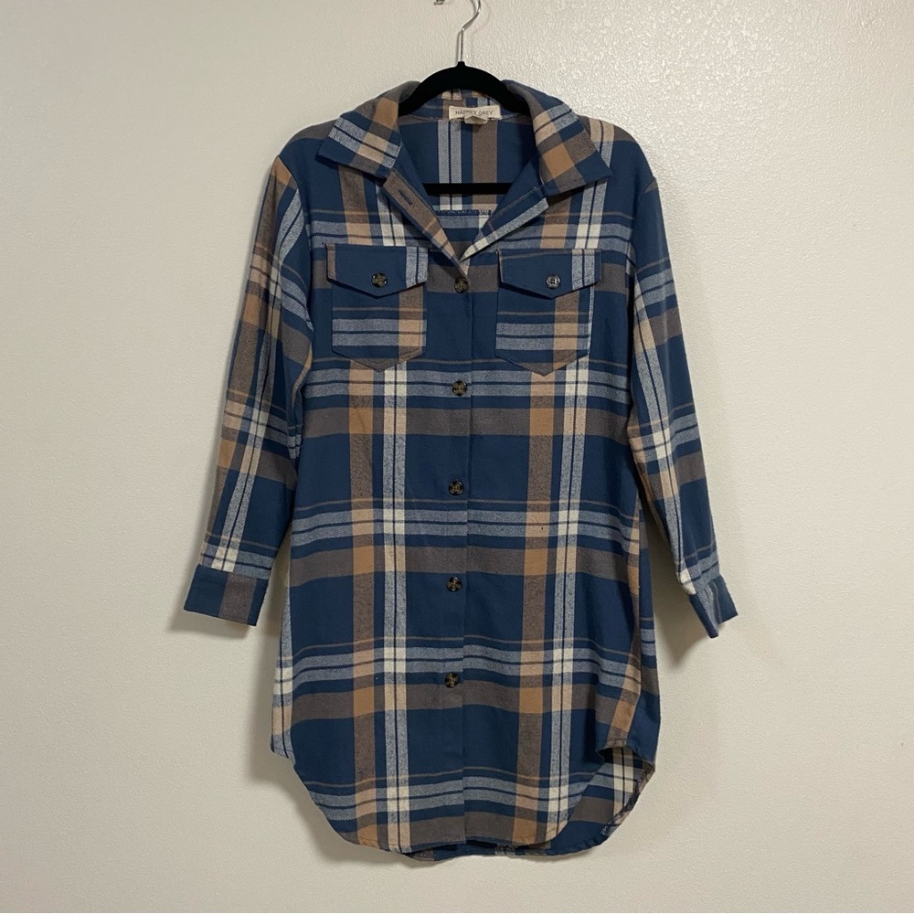 Happily Grey Dress Women’s Size XS Blue Plaid Flannel Shirt Dress